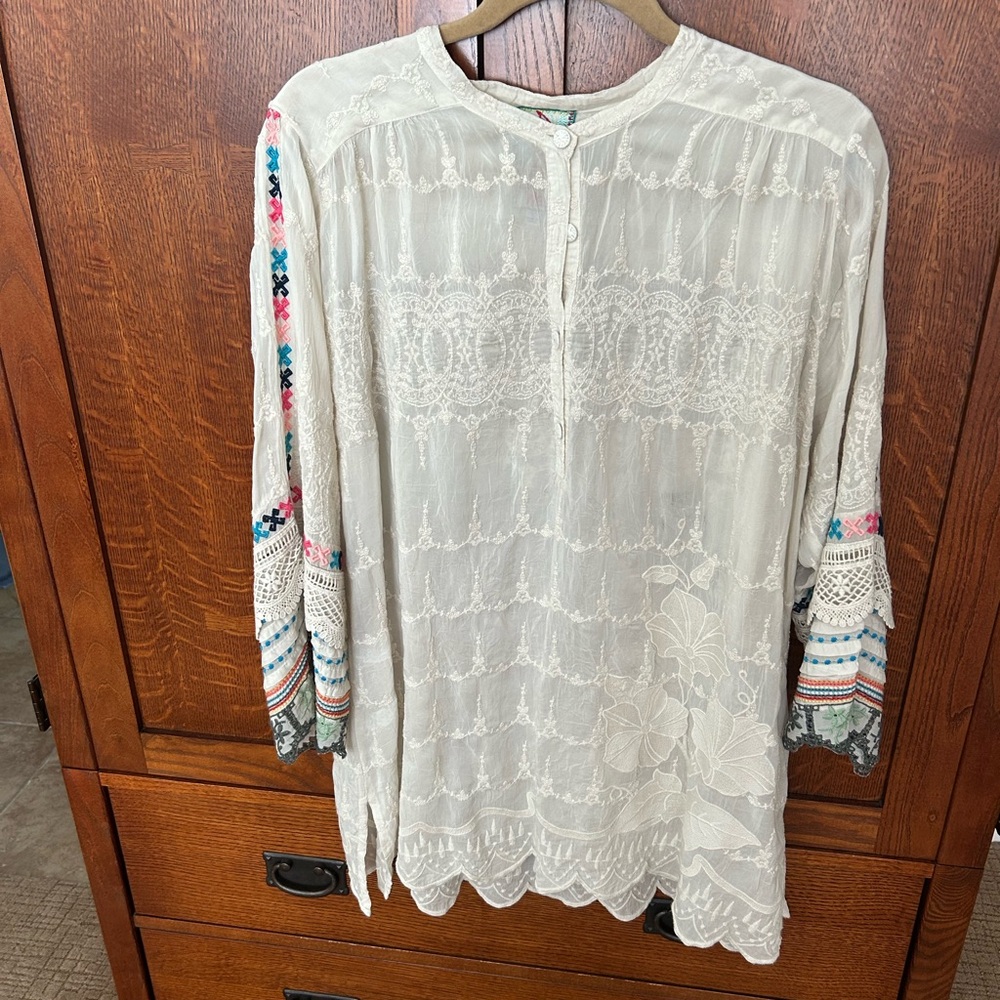 Johnny Was Ivory Blouse with Multicolor Embroidery
